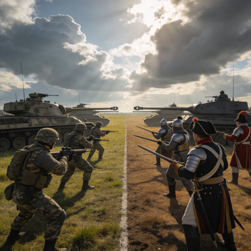 Two opposing armies facing each other across a field, one side in modern camouflage uniforms, the other in historical style uniforms. Tanks and soldiers are visible, with a tense atmosphere. A clear dividing line in the middle of the scene. Dramatic cloudy sky. Photorealistic style. No text.