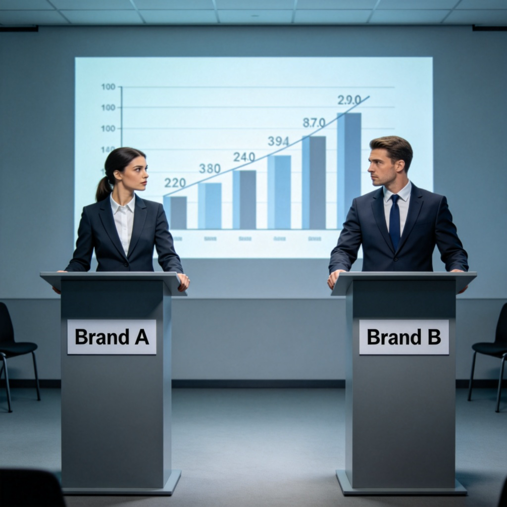 Two businesspeople in suits, one standing behind a podium labeled 'Brand A', the other behind a podium labeled 'Brand B', facing each other competitively in a modern conference hall. Their postures are confident and slightly aggressive. Charts showing sales figures are projected on the wall behind them. Clean, corporate style photograph. No text.