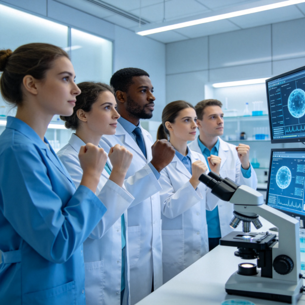 A diverse team of scientists and healthcare workers in lab coats, looking determined and united, standing together in a clean laboratory. They are looking towards microscopes and research data on screens, symbolizing a collaborative fight against an invisible threat. Bright, hopeful lighting. Photorealistic. No text.