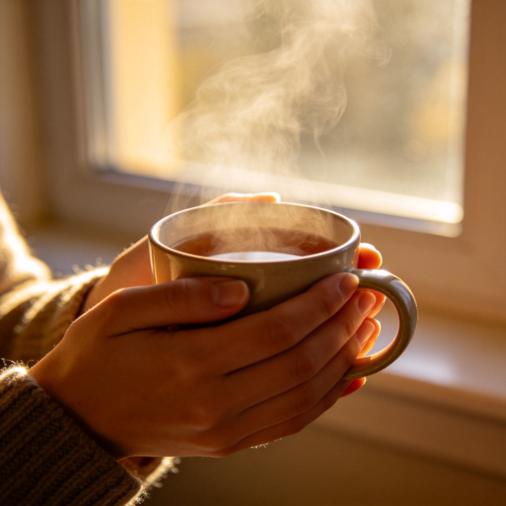 A close-up view of a person's hands gently cupping a steaming mug of tea or coffee, with soft morning light filtering through a window and falling on the hands and mug. The background is soft and out of focus. The focus is on the comfort and gentle heat. No text.