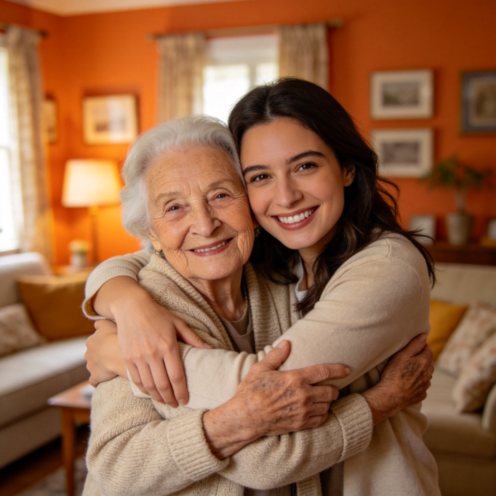 Two people embracing in a friendly hug in a cozy living room. One is an elderly person with a gentle smile, the other a younger person. Soft lighting, warm colors like orange and beige. Focus on their genuine, happy expressions. No text.