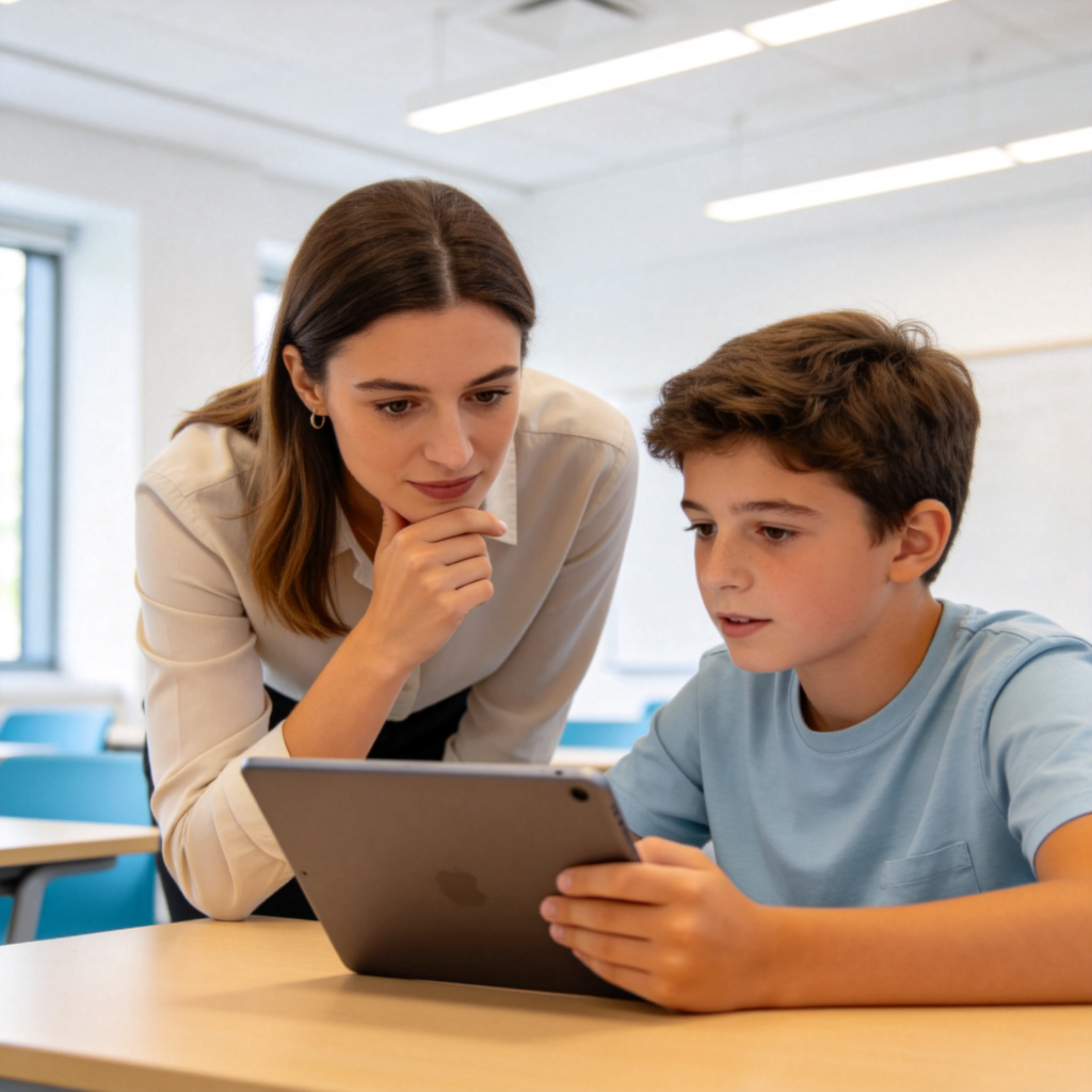 A teacher leaning forward with a thoughtful and interested expression, listening to a student who is explaining something on a tablet screen. They are in a bright, modern classroom. The body language shows growing engagement and consideration. No text.