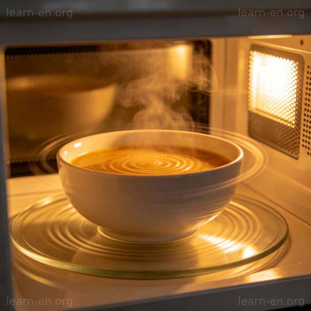 Warm up 使变热场景图解：微波炉中旋转并冒热气的汤碗