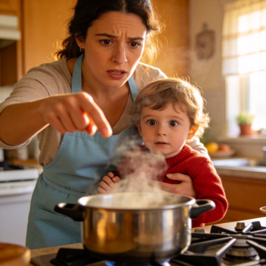 A mother in a kitchen, holding her child's hand back gently, pointing with a concerned expression at a steaming pot on the stove. The child looks curious. Warm, natural lighting, focus on the mother's warning gesture and the pot.