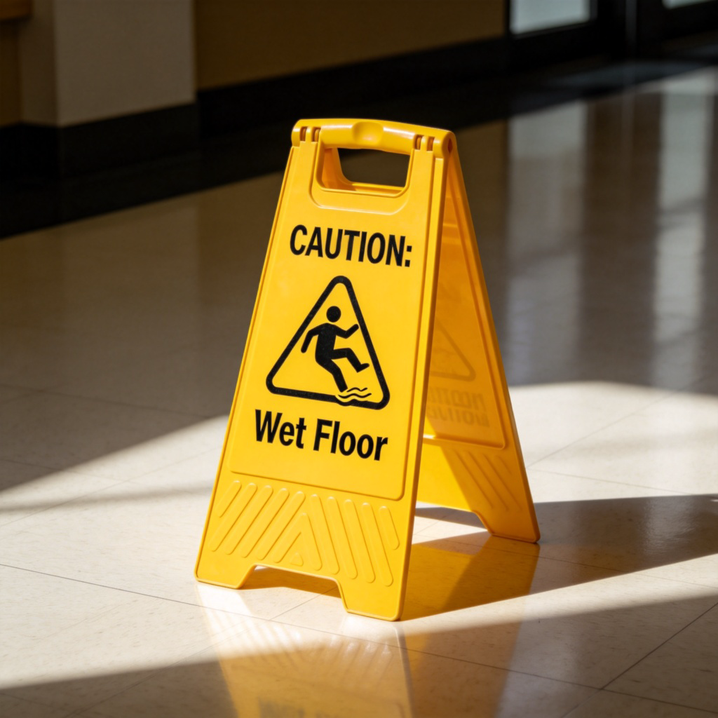 A close-up of a bright yellow and black official warning sign, showing a graphic of a person slipping next to the word 'CAUTION: Wet Floor'. The sign is propped up on a clean, shiny floor in a public building. No people in the shot.