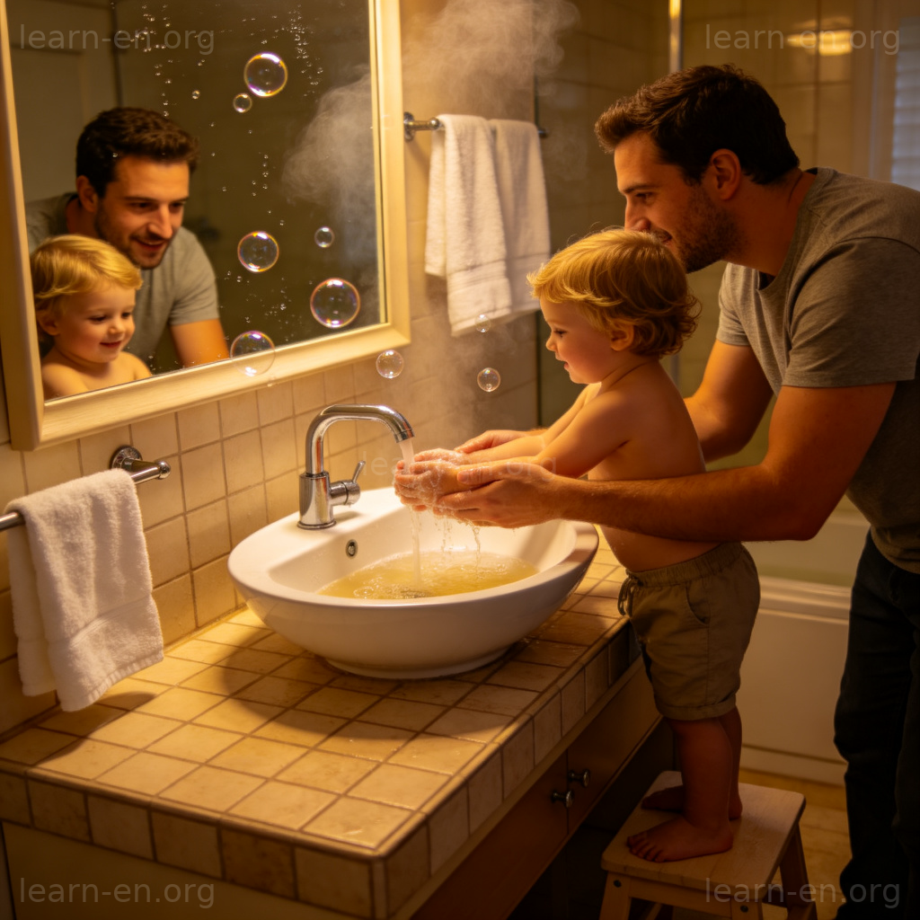 Wash hands frequently 图解：儿童在家长指导下用肥皂洗手场景