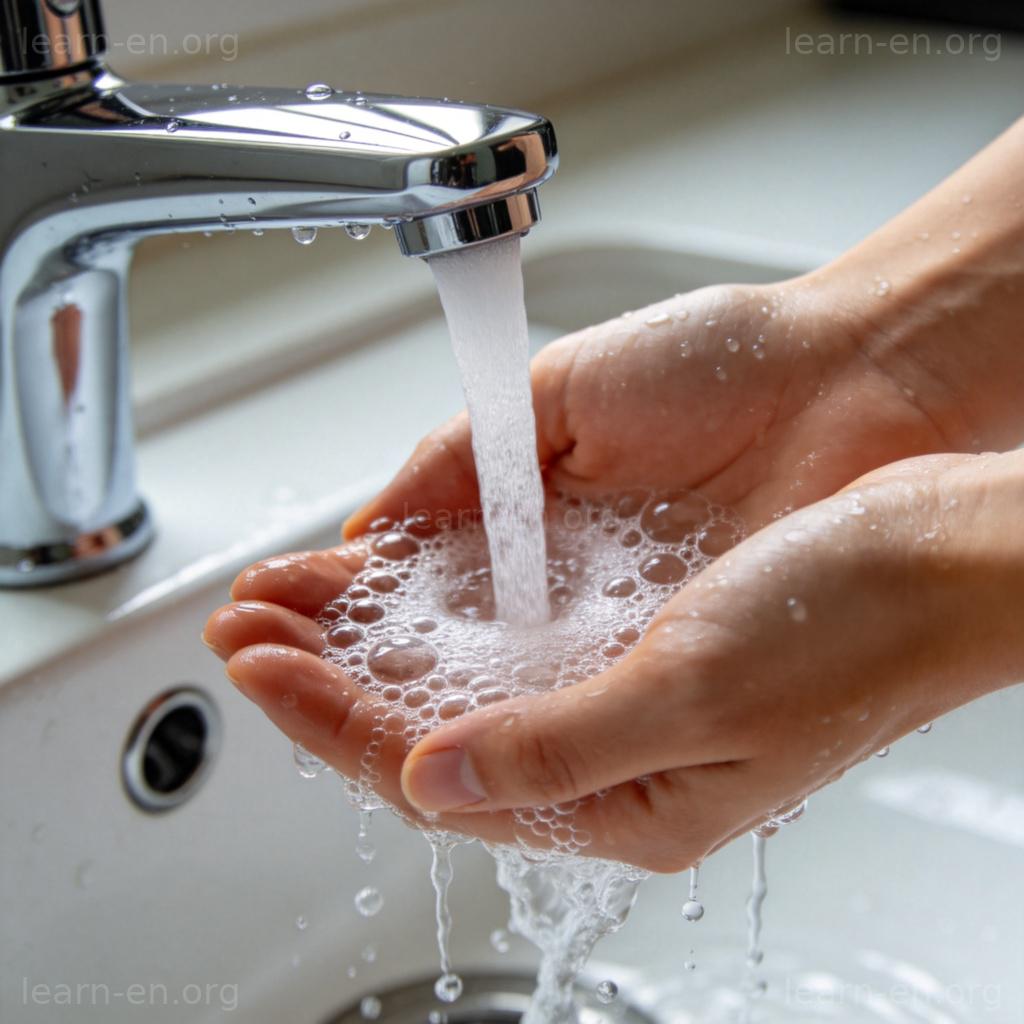 wash 清洗含义图解：双手在水龙头下用肥皂清洗