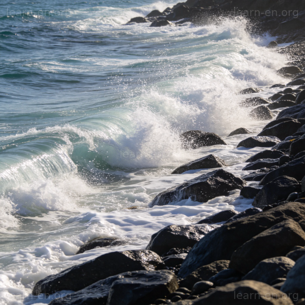 wash 冲刷含义图解：海浪冲刷岩石的自然场景