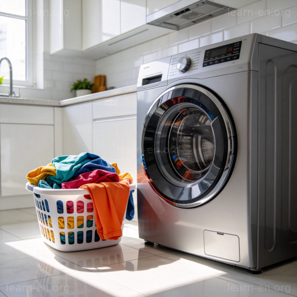 Washing Machine 洗衣机图解：现代银色洗衣机在明亮厨房中的场景