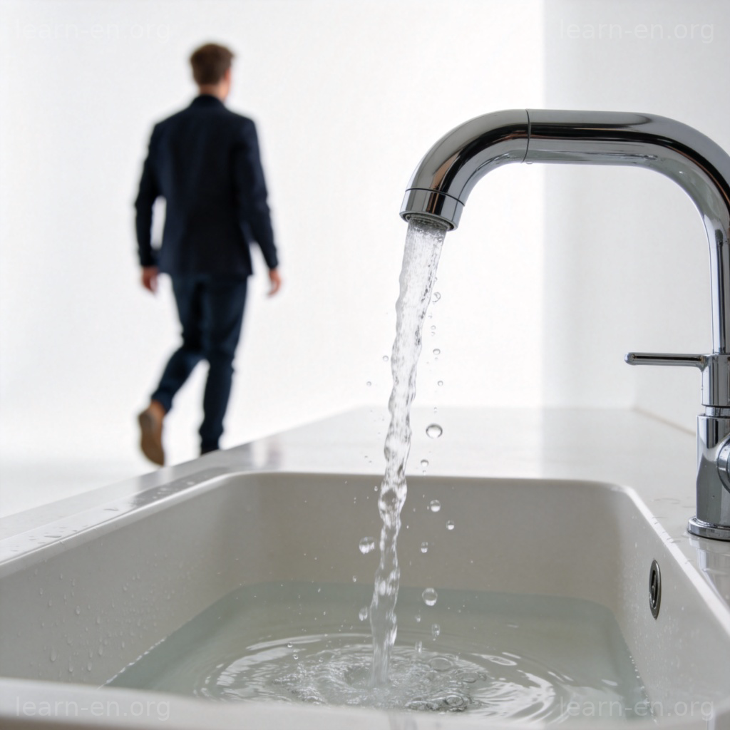 waste 浪费含义图解：水龙头流水无人关的场景