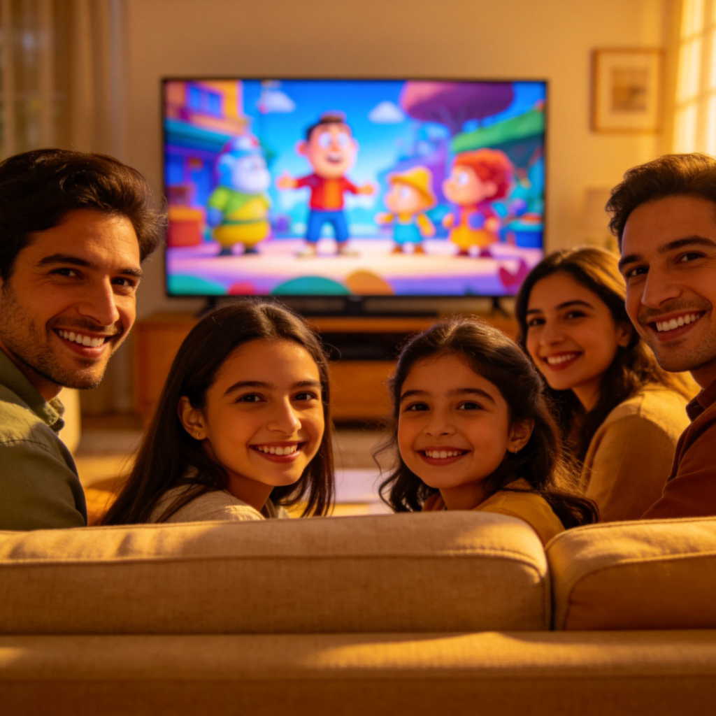 A group of happy people sitting on a comfortable sofa in a living room, all looking at a large flat-screen TV showing a colorful animated film. Warm lighting, cozy atmosphere. Focus on their faces and the TV screen. No text.