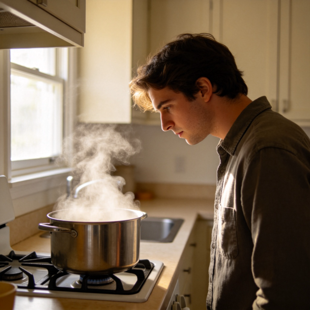 A person in a kitchen, carefully looking at a pot on the stove as steam rises from it. Their expression is focused and cautious. Simple, clean kitchen background. Natural light from a window. No text.