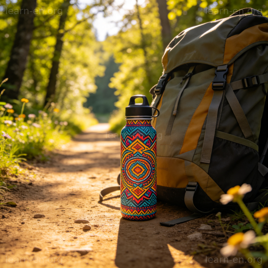 water bottle 图解：色彩鲜艳的可重复使用水瓶，置于徒步背包旁