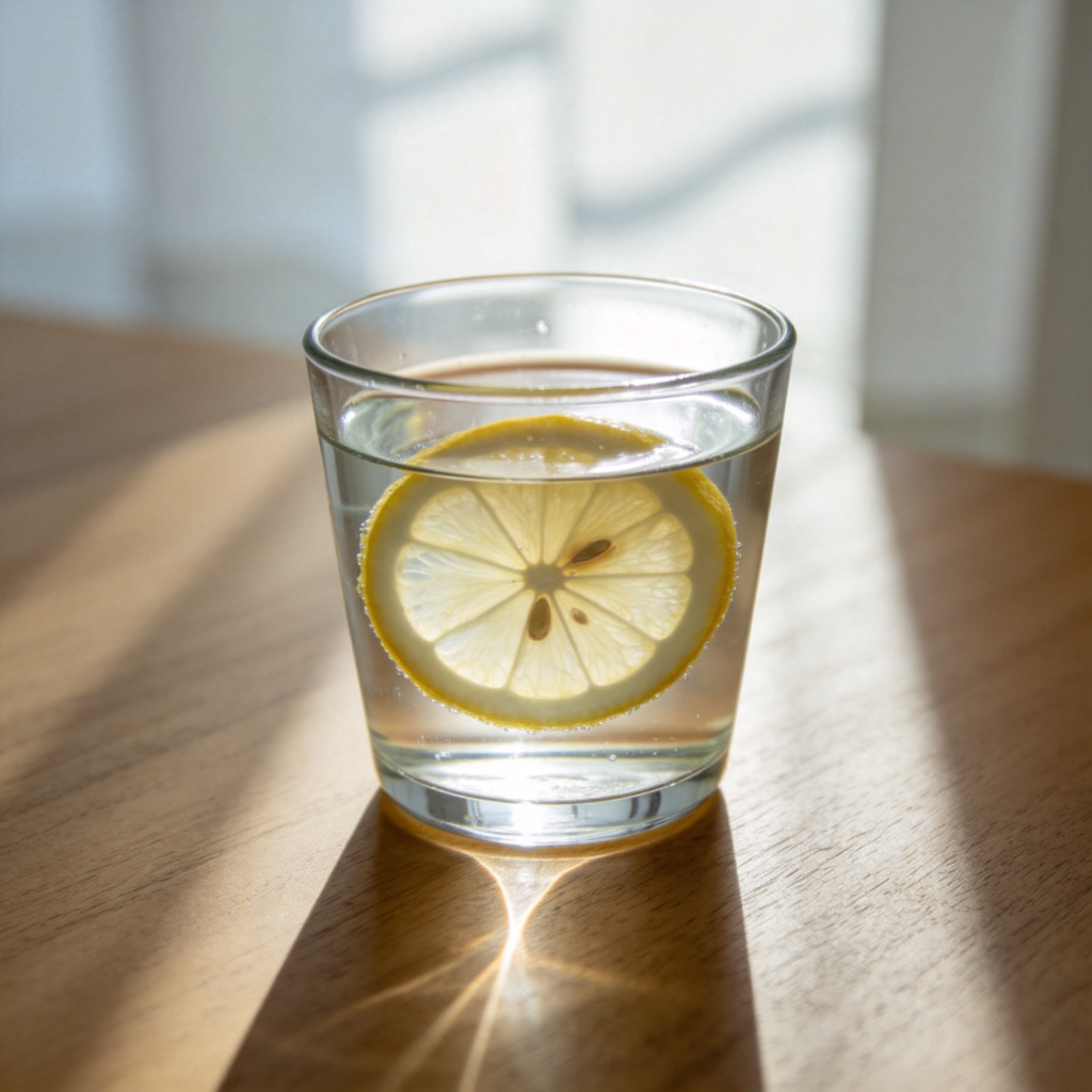 A clear, clean glass full of water, sitting on a wooden table. A slice of lemon is floating inside. Natural morning light shines through the glass, creating a refreshing and simple scene. No text.
