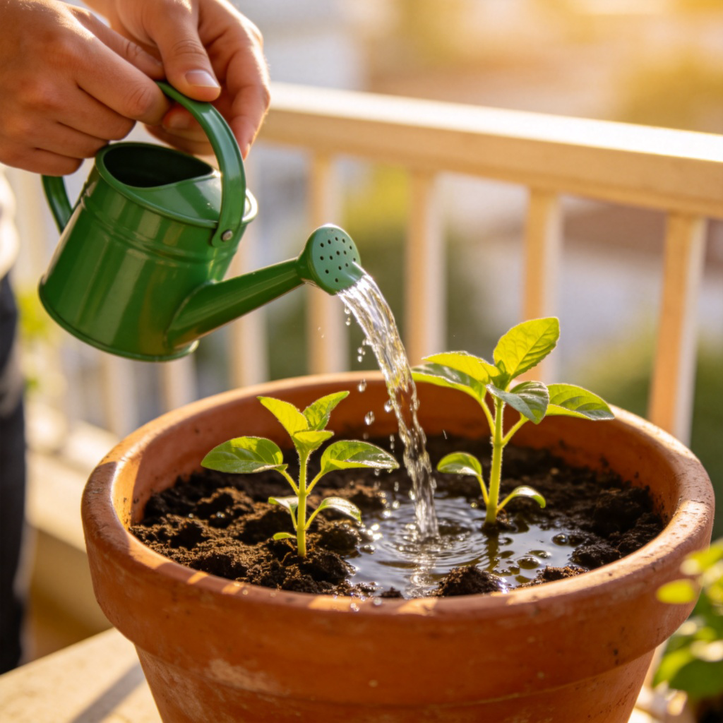 A person's hands using a green watering can to gently pour water onto small, bright green seedlings in a brown terracotta pot on a sunny balcony. Focus on the water stream and the wet soil. No text.