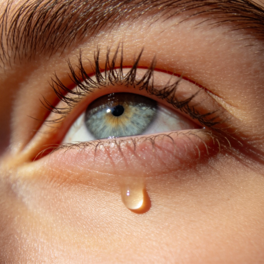 A close-up of a single human eye, looking slightly upward. The eye is bright and clear, but its lower eyelid holds a single, glistening tear that is about to fall. Soft lighting, emotional feel. No text.