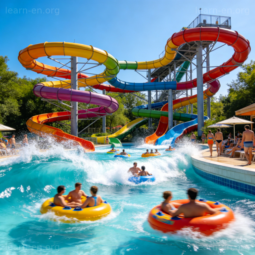 Water park with colorful slides and wave pool under bright sun