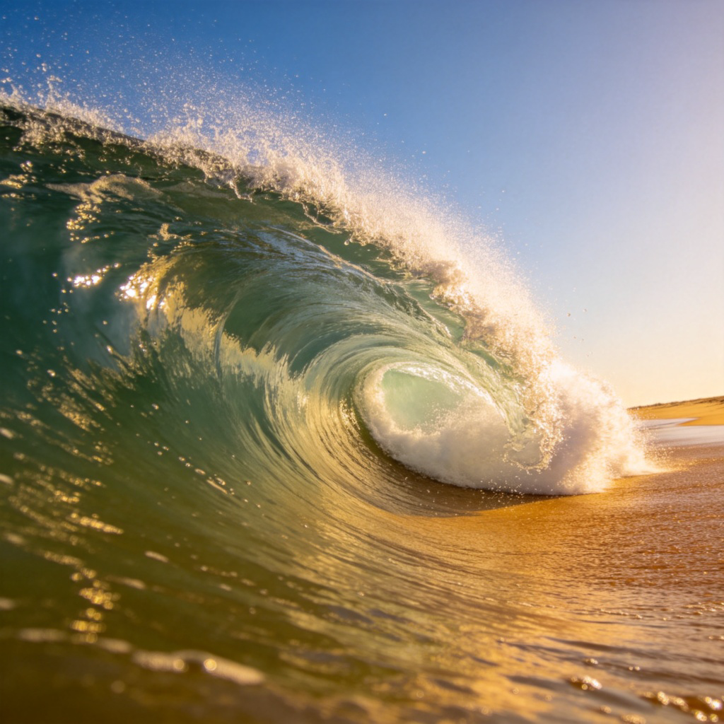 A clear photograph of ocean waves, seen from the beach. A large, curling wave is about to break onto the shore, with white foam at its crest. Blue sky and golden sand in the background. Focus is on the dynamic shape and movement of the water.