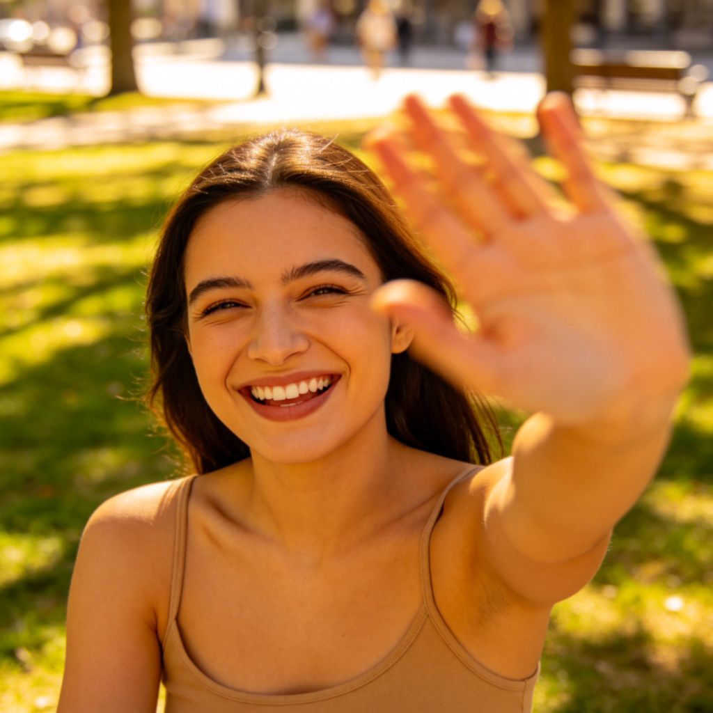 A close-up shot of a person's upper body, smiling and waving their hand energetically towards the viewer, as if saying hello. They are standing in a bright, everyday setting like a park or a street. The focus is on the friendly gesture and expression.