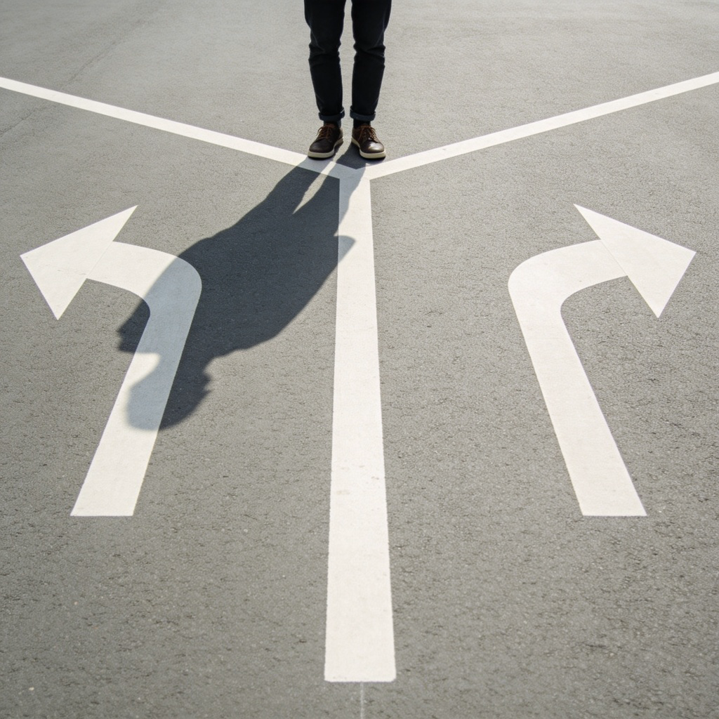 A person standing at a crossroads in thought, with three large, simple arrows painted on the ground pointing in different directions (left, straight, right). The person is looking down, contemplating which way to choose. Clear daylight, minimalist urban setting, focus on the arrows and the person's feet. No text.