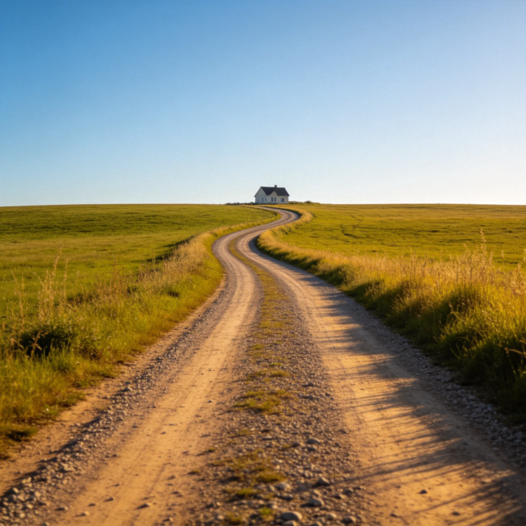 A long, winding country lane made of dirt and gravel, stretching through a green field towards a small house in the distance. Clear blue sky overhead, photorealistic style. The focus is entirely on the road itself, with grass on either side. No text or people.