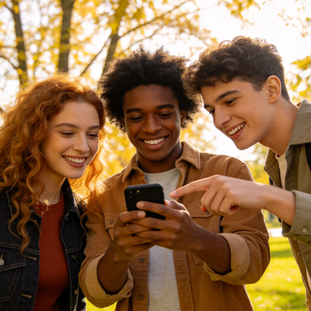 A diverse group of three young people smiling and standing together in a park. They are looking at a map or phone screen together, one person is pointing at it. The focus is on their unity and shared activity. Bright daylight, simple background of trees and grass. No text.