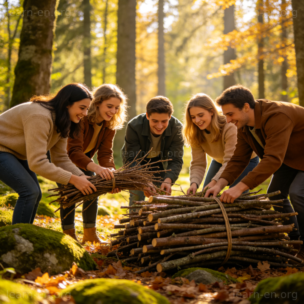 We need to gather some firewood 短语图解：朋友在森林收集柴火