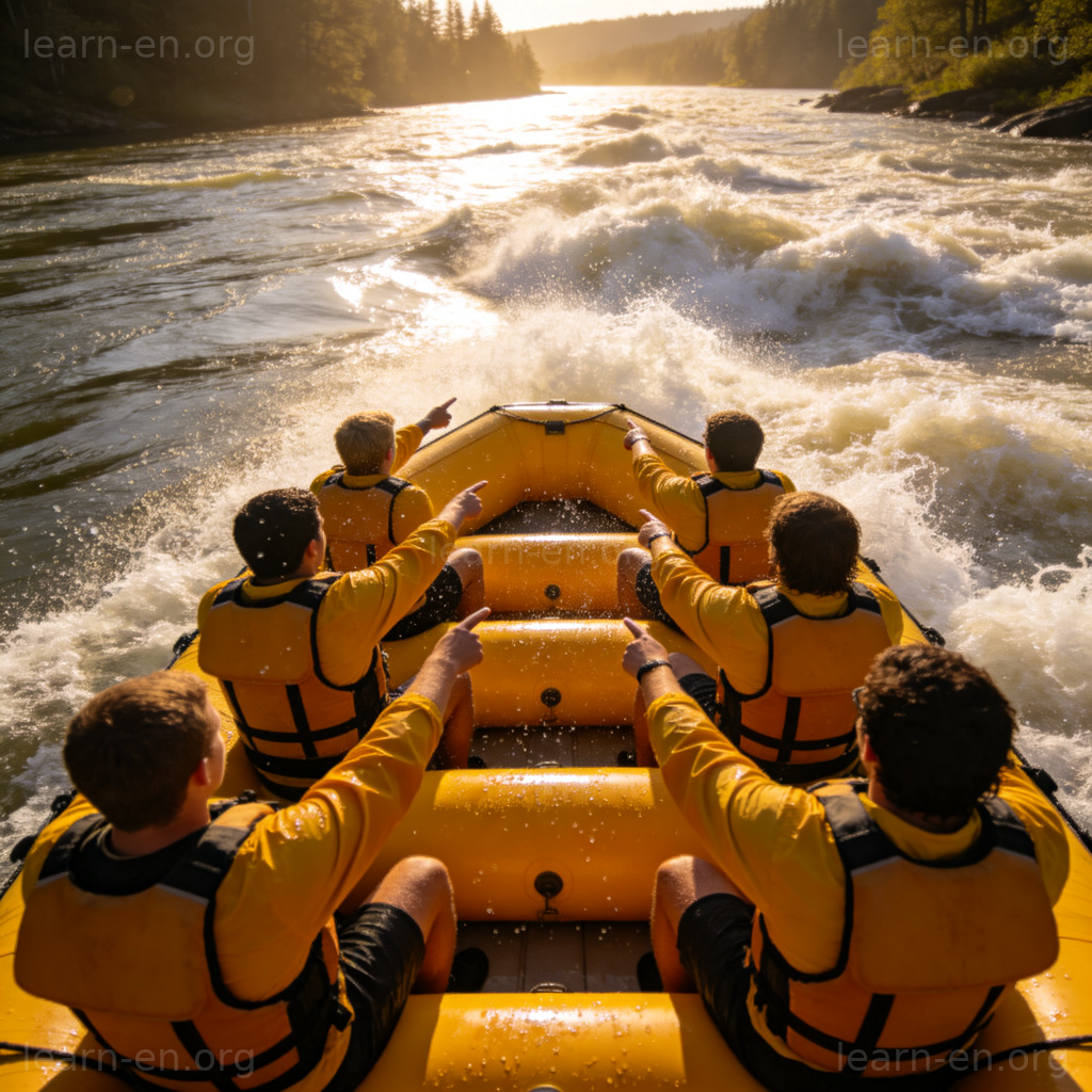 We're approaching the rapids 字面场景图解：漂流筏靠近急流