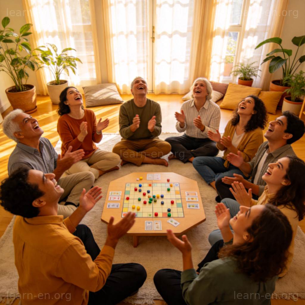 ice-breaking 场景图解：一群人在明亮房间围坐游戏破冰