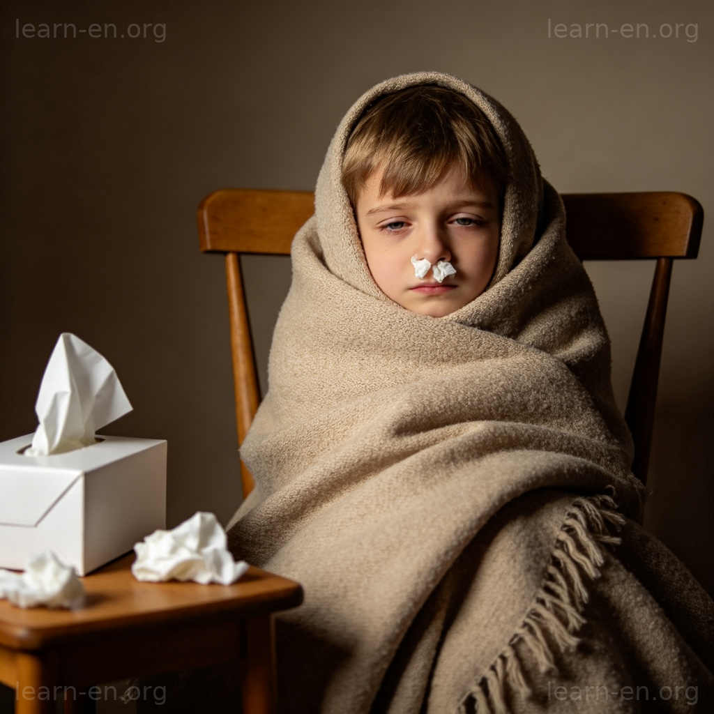 Weak Immune System 图解：孩子裹着毯子疲惫，纸巾盒在旁，示意易感冒