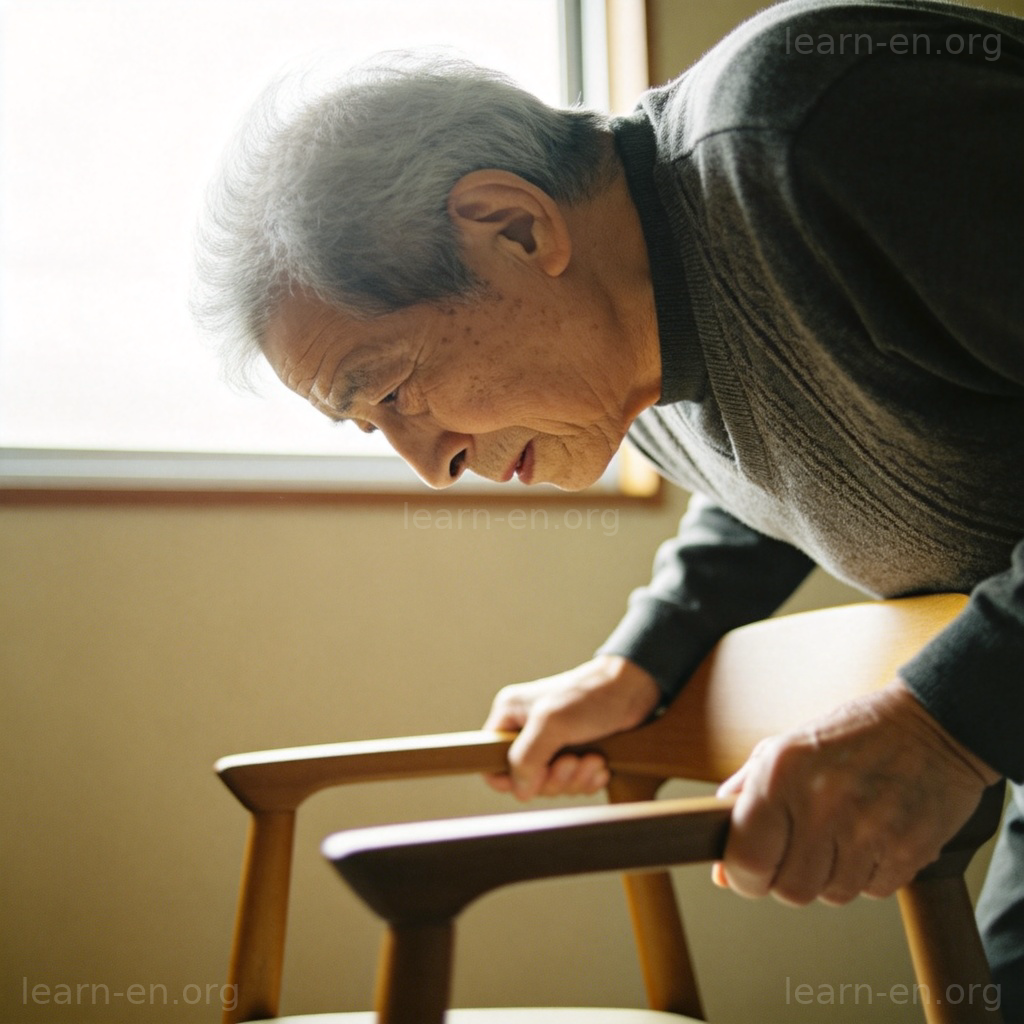 An elderly person with gray hair, slowly trying to stand up from a wooden chair, hands gripping the armrests tightly. The person's face shows strain and exhaustion, with soft natural light from a window. Plain beige wall in the background, focus entirely on the struggle and physical weakness, no text or logos.