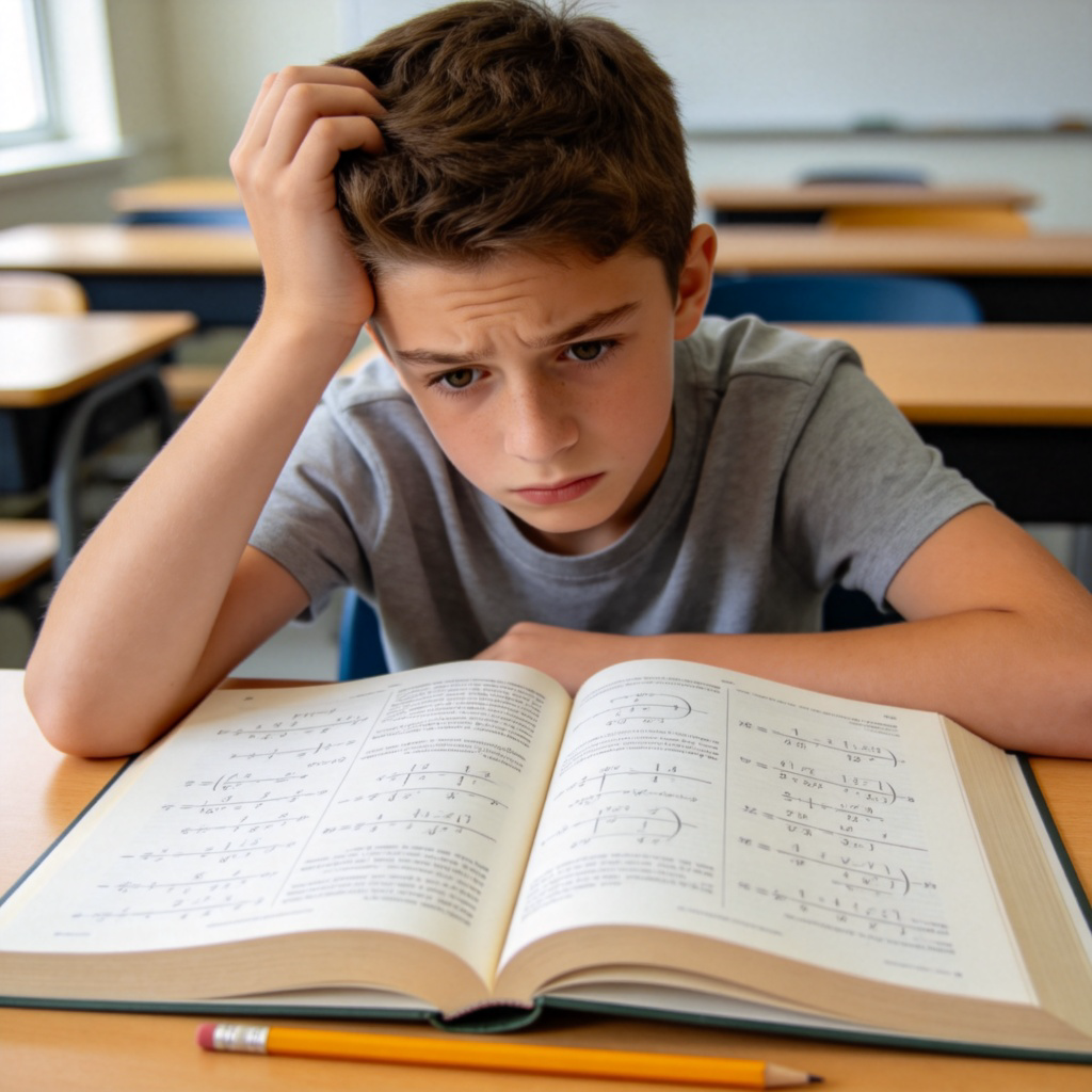 A young student sitting at a desk, looking confused at an open math textbook filled with complex equations. The student is scratching their head, with a pencil lying idle. Bright classroom lighting, clean desk, emphasis on the confused expression and the challenging textbook, no text or logos.