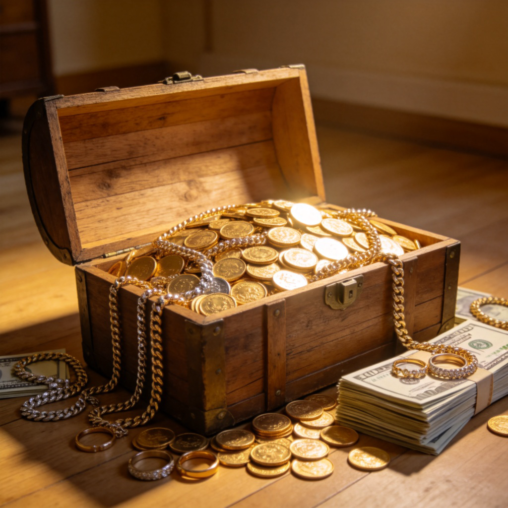 A wooden treasure chest overflowing with gold coins, shiny jewelry like necklaces and rings, and stacks of paper money. The chest is on a simple wooden floor in a warmly lit room, with the treasure as the main focus. Photorealistic style, no text or logos.