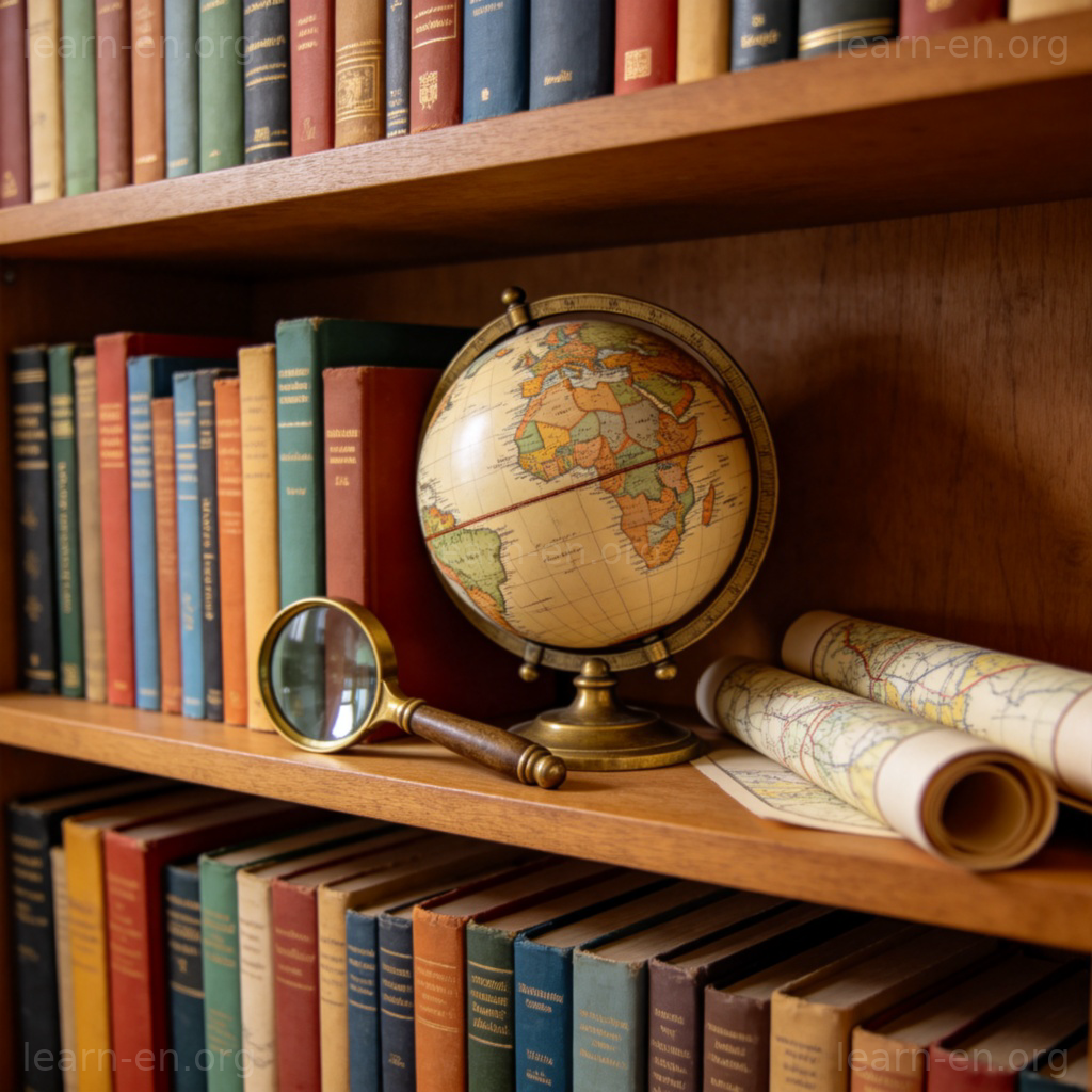 A close-up of a well-organized wooden bookshelf packed with colorful books of various sizes and topics. On the shelf, there is also an antique globe, a vintage magnifying glass, and some rolled-up maps. Warm, soft light highlights the details. Photorealistic style, no text.