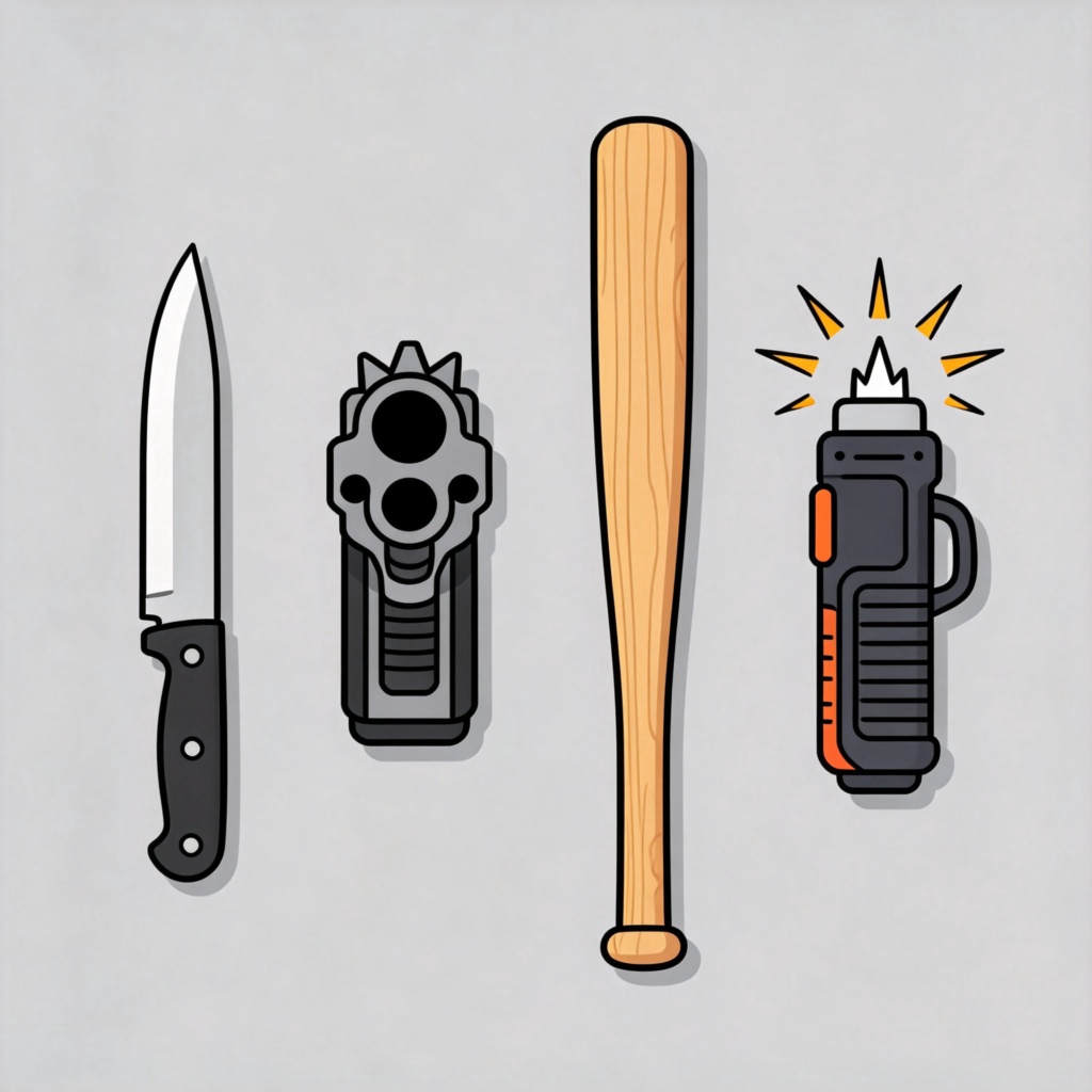 A clean, flat layout displaying several distinct objects against a plain grey background. From left to right: a simple kitchen knife, a black handgun, a wooden baseball bat, and a cartoon-style stun gun with spark lines. All objects are shown in sharp focus and even lighting, arranged neatly to clearly show they are tools for fighting or defense.