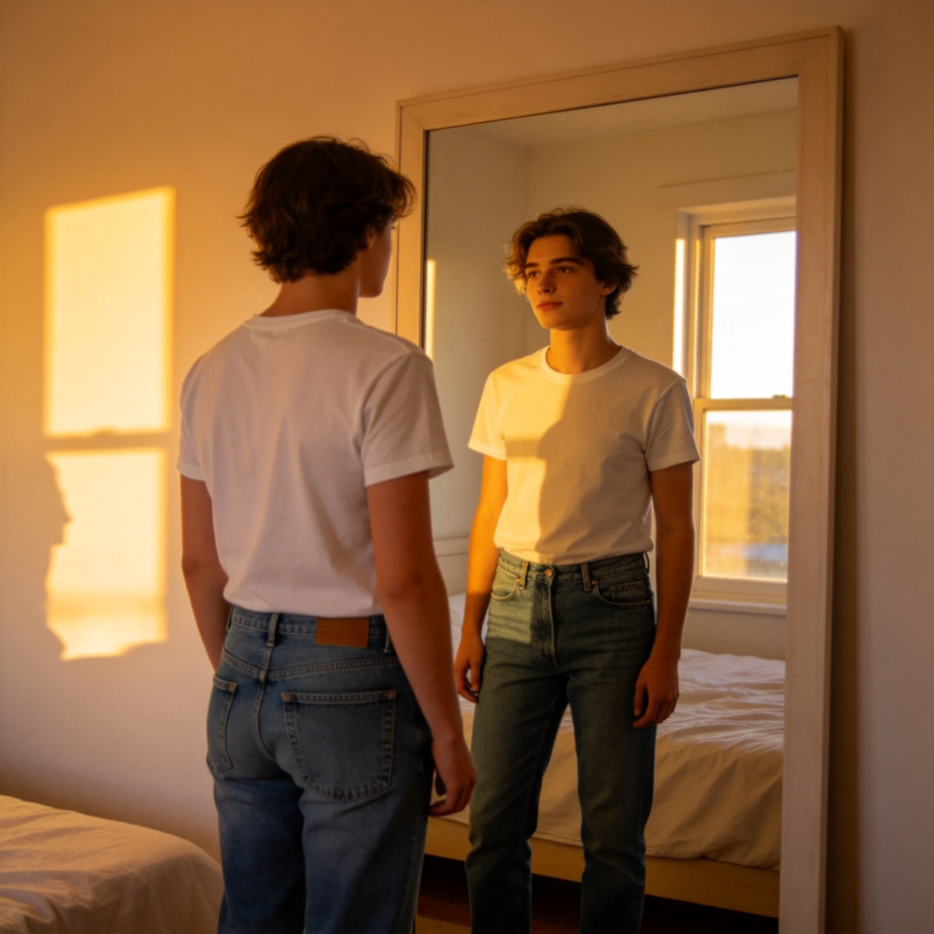 A person standing in front of a mirror, wearing a casual outfit like jeans and a T-shirt, looking at their reflection. The clothes are clearly visible and well-fitted. The room is a normal bedroom with a simple background, morning sunlight from a window. No text.