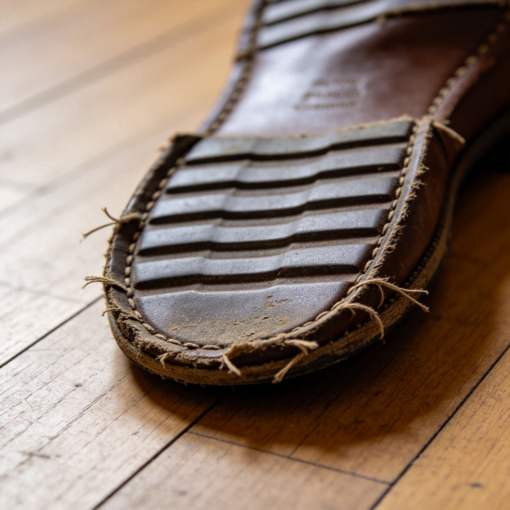 A close-up, detailed shot of the worn-out sole of a leather shoe. The tread pattern is almost smooth, and the edges are visibly frayed and thin. The shoe is placed on a simple wooden floor. Natural lighting, focus on the texture of the wear. No text.