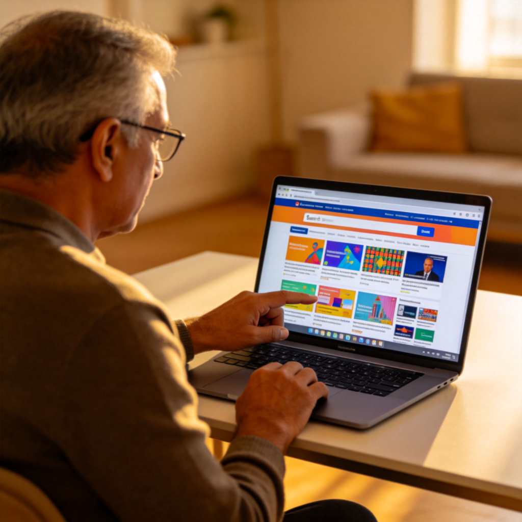 A person of indeterminate age and ethnicity sitting at a modern desk, using a laptop computer. The laptop screen is clearly visible, showing a colorful and familiar website homepage (like a search engine or news site). The person's finger is pointing at something on the screen. The background is a simple, blurred living room or office. Photorealistic style, warm lighting. No text or logos on the screen or elsewhere.