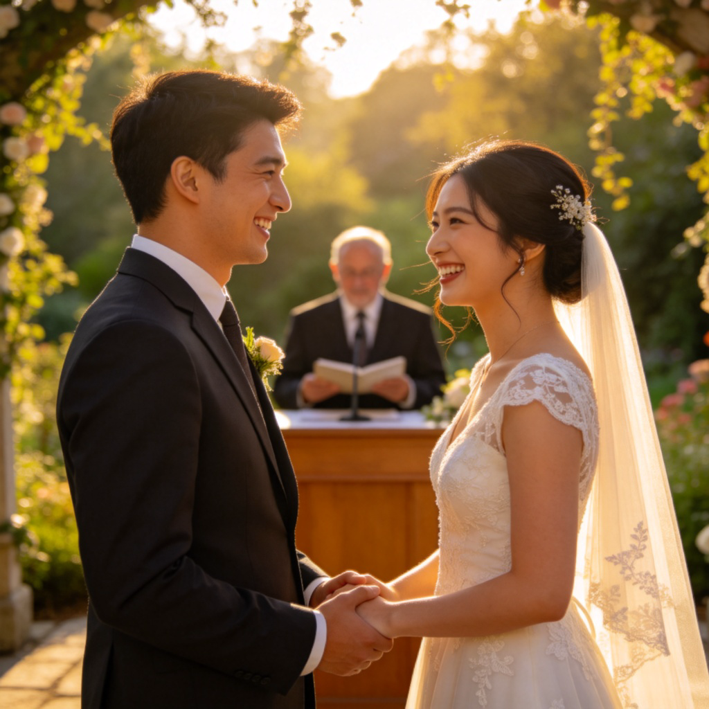 A joyful couple standing together, holding hands and smiling brightly during a wedding ceremony. They are dressed in traditional wedding attire, with a simple altar or natural background like a garden. Soft sunlight, focus on their happy expressions and the moment of commitment. No text, realistic photography style.