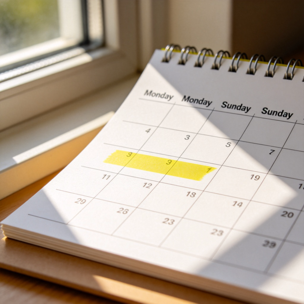 A clean, close-up view of a modern paper desk calendar. The page shows a single week, with the days from Monday to Sunday clearly labeled. A bright yellow highlighter marks the current day. Soft natural light from a nearby window illuminates the page. No other objects or text are in focus.