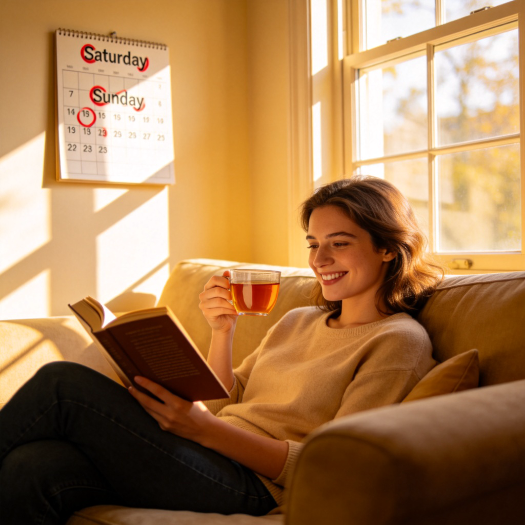 A bright, happy scene in a sunny living room. A person is relaxing on a comfortable sofa with a book and a cup of tea, smiling. A calendar on the wall clearly shows Saturday and Sunday marked with a red circle. Natural morning light streams through the window. No text.
