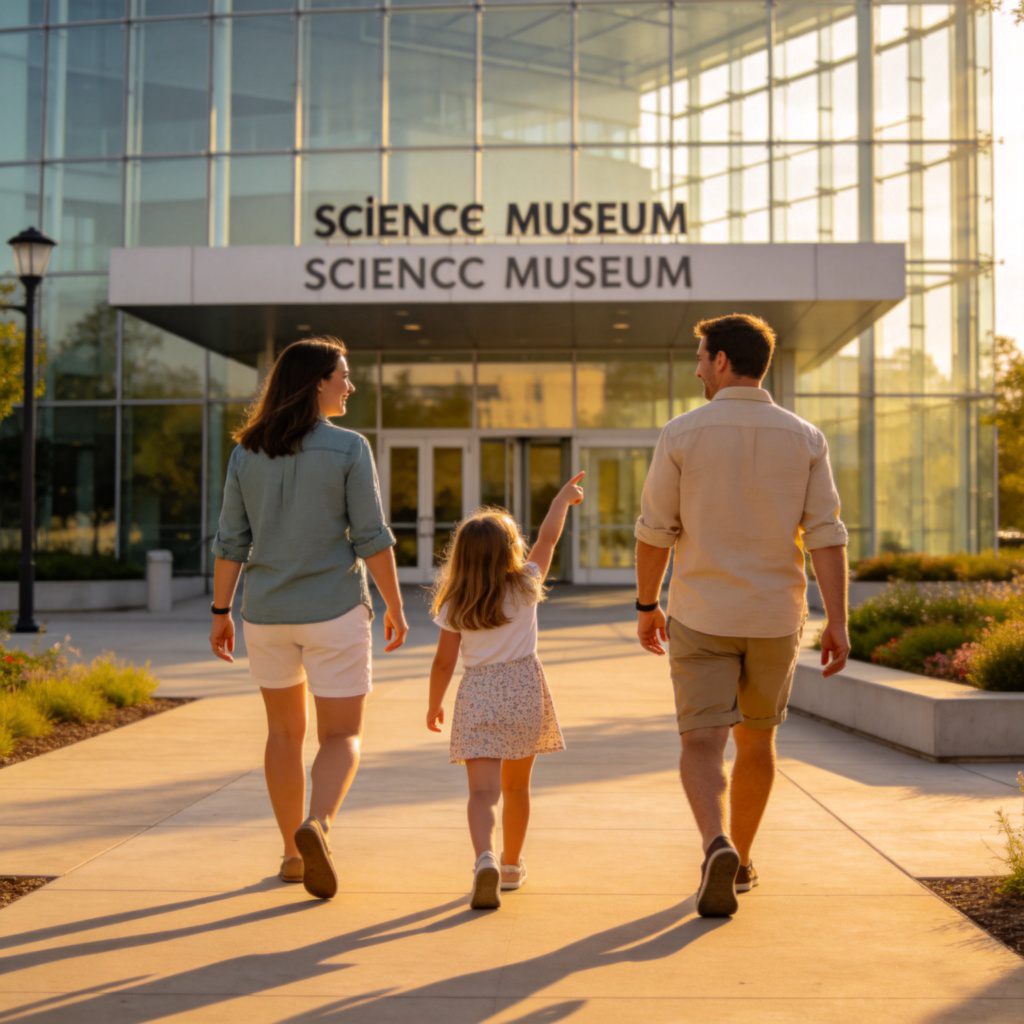 A family is walking together towards the entrance of a science museum on a sunny afternoon. The parents are smiling, and a child is pointing excitedly at the museum sign. The scene conveys a sense of leisure and family activity typical of a Saturday or Sunday. No text.