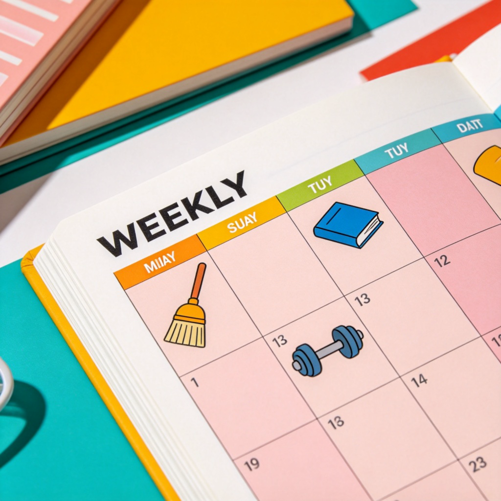 A close-up of a colorful weekly planner or calendar open on a desk. One week is highlighted, with the word "WEEKLY" written clearly at the top. There are simple icons for tasks like a broom (cleaning), a book (studying), and a dumbbell (exercise) scattered across the seven days. Clean, bright, and organized look. No text other than the word "WEEKLY" and day names.