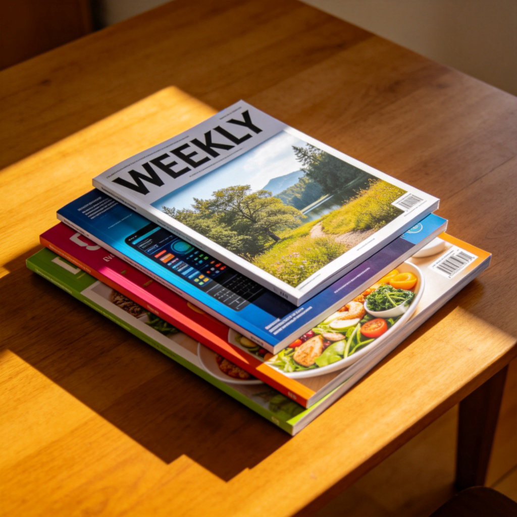 A stack of three different colorful magazine covers on a wooden table. The top magazine clearly shows the title "WEEKLY" in large font. The covers feature photos of nature, technology, and healthy food, suggesting different topics. Sunlight streams onto the stack. No other text visible on covers except titles and "WEEKLY".