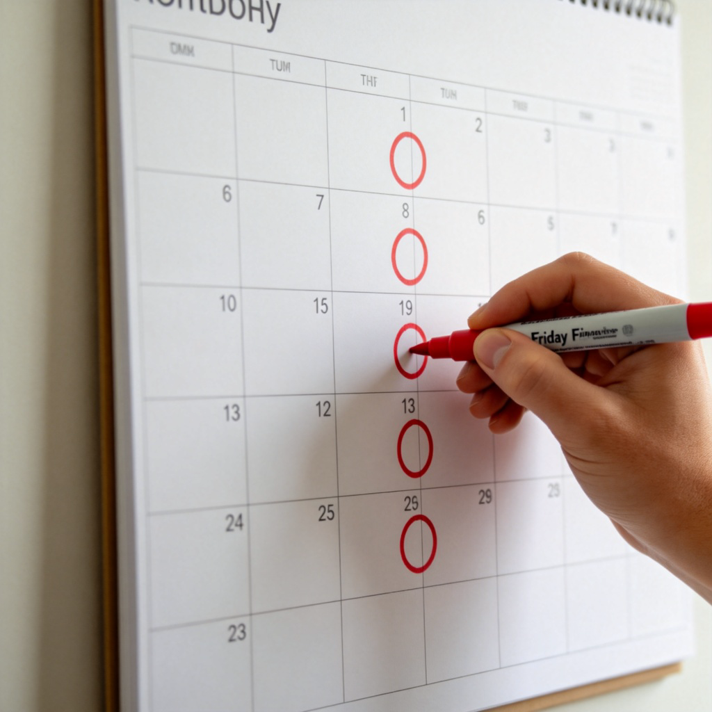 A person's hand using a red marker to circle the same weekday (e.g., every Friday) on a large wall calendar for the current month. The action is repeated for all four or five Fridays in the month, creating a clear pattern. The rest of the calendar is blank. Focus on the hand and the marked circles. No text in the image.
