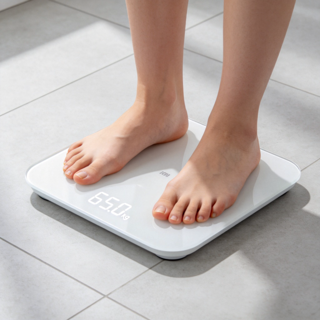 A simple bathroom scale sitting on a tiled floor, with the digital display clearly showing a number like '65.0 kg'. A person's bare feet are standing on the scale. Clean, well-lit home environment. Focus on the scale and the number.