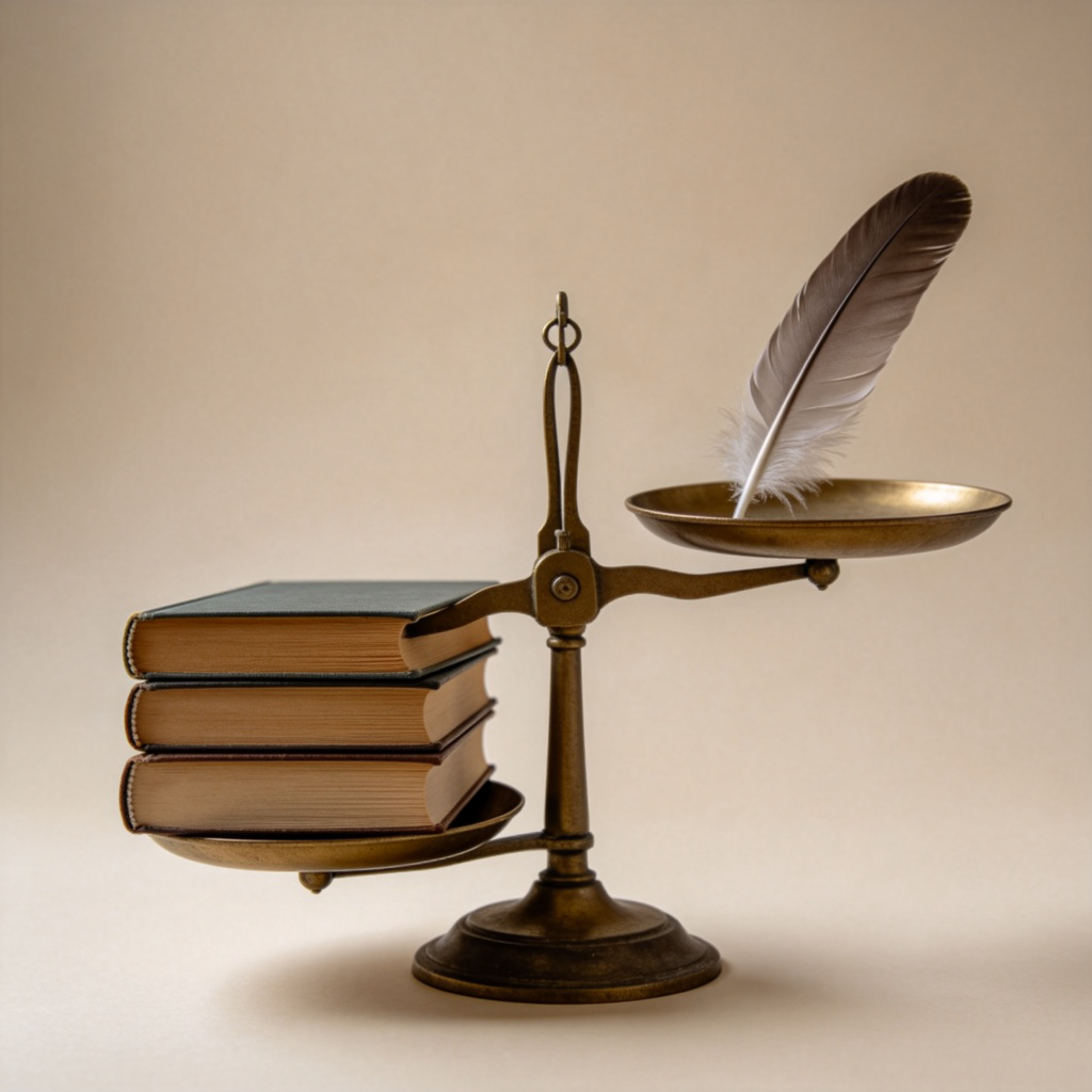 A classic balance scale with two pans. One pan is lower, containing several thick books, symbolizing an important opinion. The other, higher pan holds a single feather, symbolizing a less important view. Plain background, sharp focus on the scale.