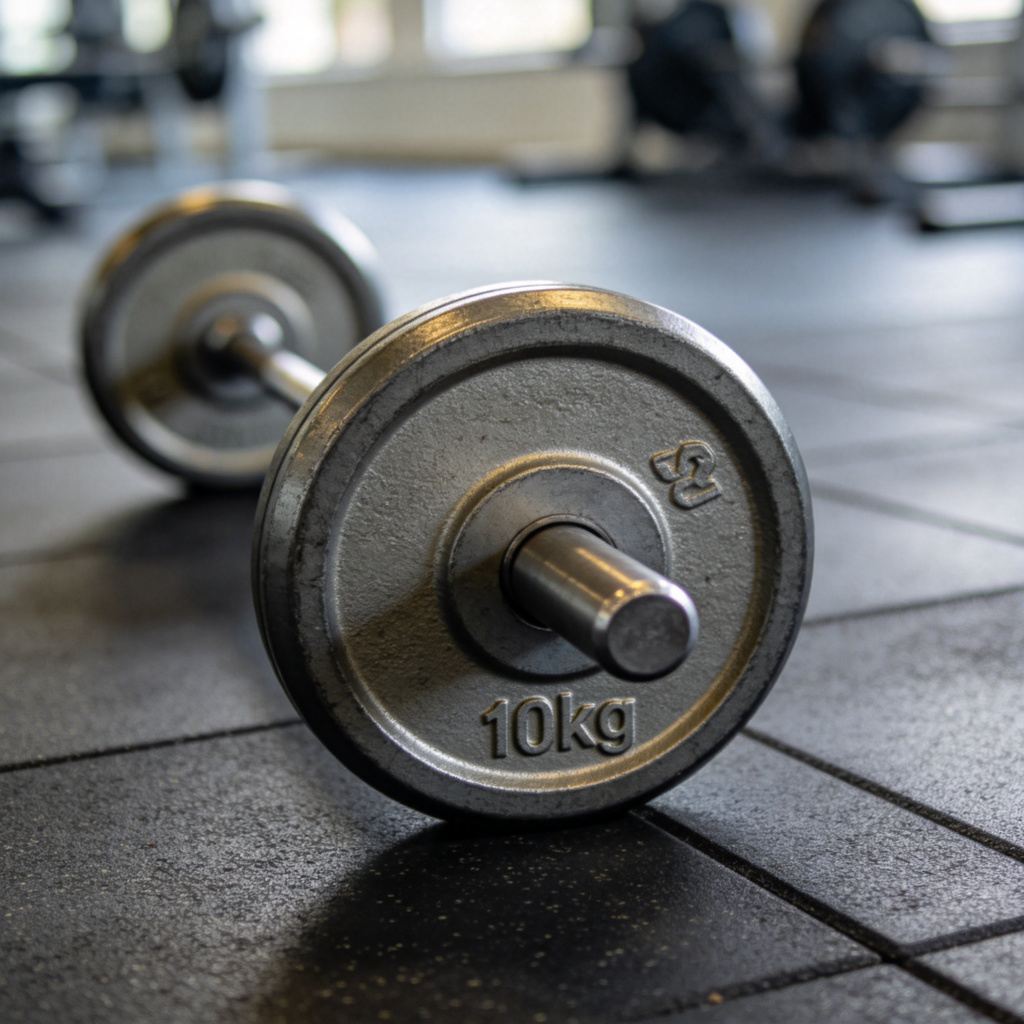 A close-up view of a round, metal weight plate for a barbell, lying on a rubber gym floor. Its weight, like '10kg', is clearly stamped on the side. Another similar plate is visible in the blurry background. Focus on the texture and the number.