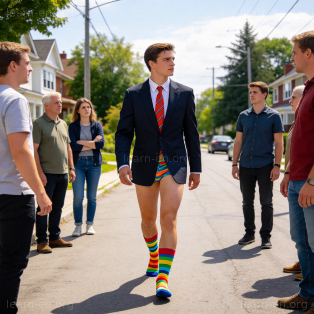 weird 含义图解：穿着怪异服装的人在街上引起旁人侧目