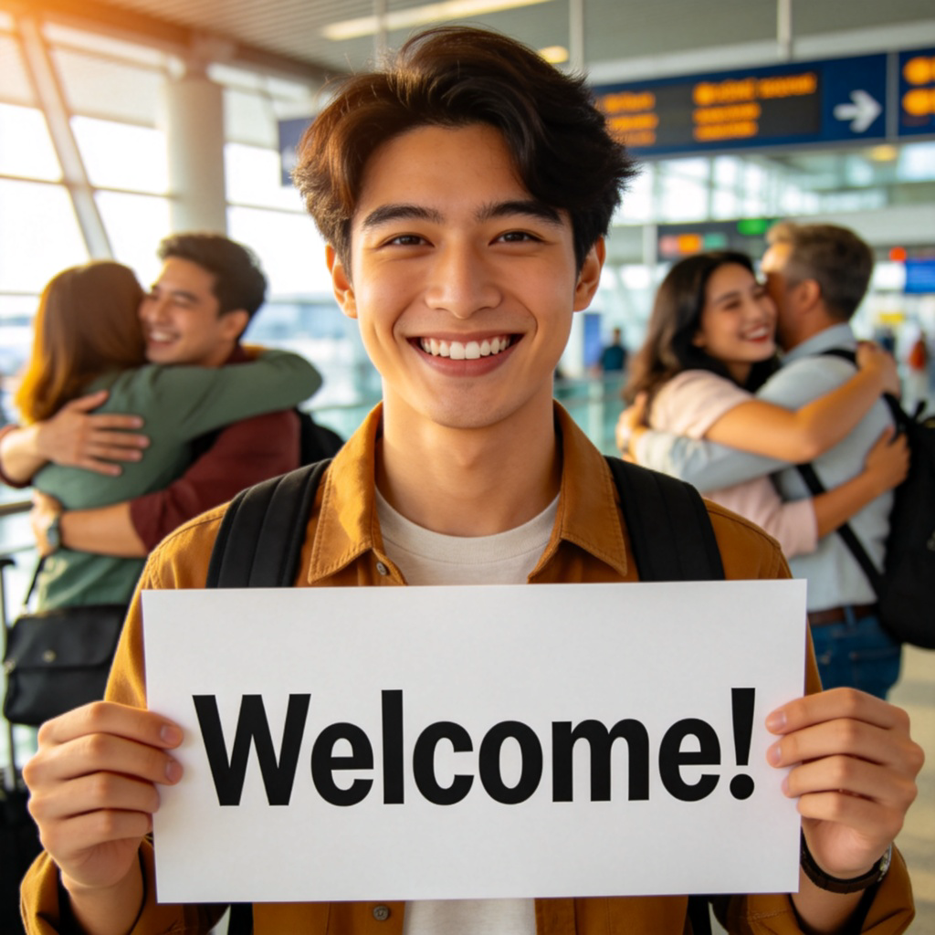 A close-up photo of a person with a big, warm smile, holding a sign that says "Welcome!" in bold letters. They are standing at an airport arrival gate. In the background, people are reuniting happily. Natural, bright lighting. No text on the sign other than "Welcome!"